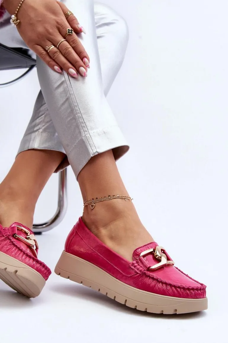 Zazoo 10141 Skórzane Mokasyny Na Platformie Z Ozdobą Fuksja