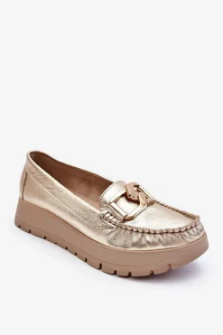 Zazoo 10141 Skórzane Mokasyny Na Platformie Z Ozdobą Złote