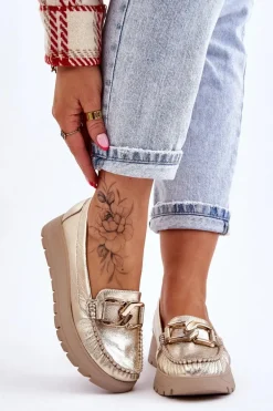 Zazoo 10141 Skórzane Mokasyny Na Platformie Z Ozdobą Złote