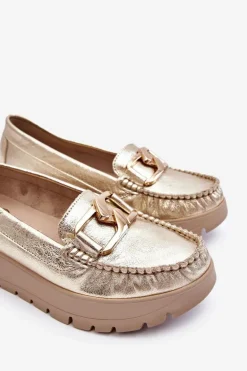 Zazoo 10141 Skórzane Mokasyny Na Platformie Z Ozdobą Złote