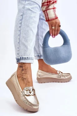 Zazoo 10141 Skórzane Mokasyny Na Platformie Z Ozdobą Złote