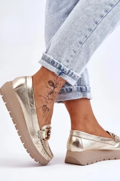 Zazoo 10141 Skórzane Mokasyny Na Platformie Z Ozdobą Złote