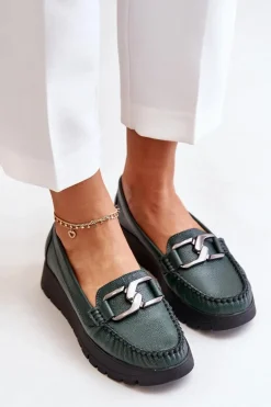 Zazoo 10141 Skórzane Mokasyny Na Platformie Z Ozdobą Ciemnozielone