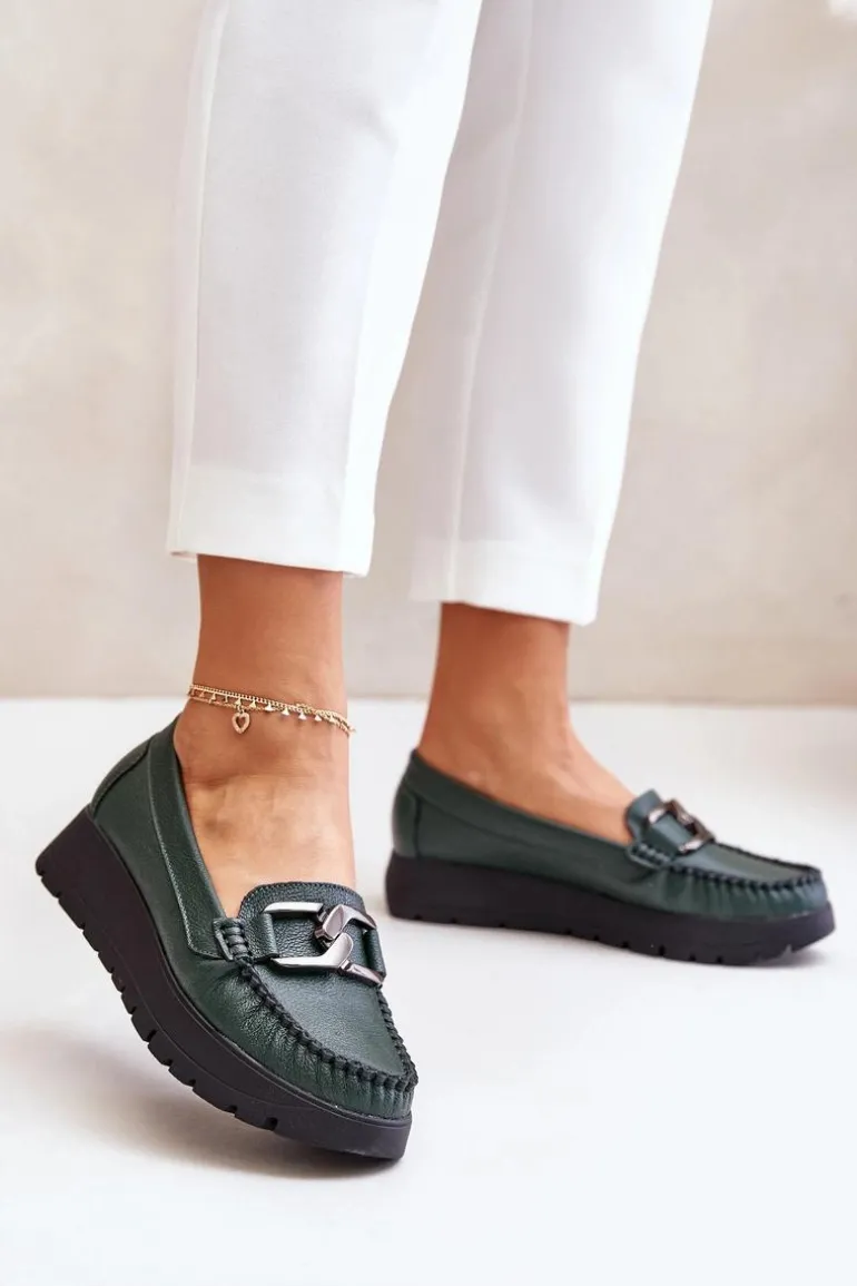 Zazoo 10141 Skórzane Mokasyny Na Platformie Z Ozdobą Ciemnozielone