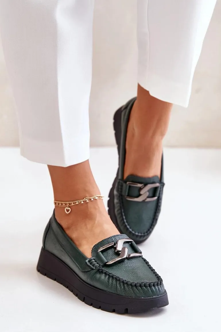 Zazoo 10141 Skórzane Mokasyny Na Platformie Z Ozdobą Ciemnozielone