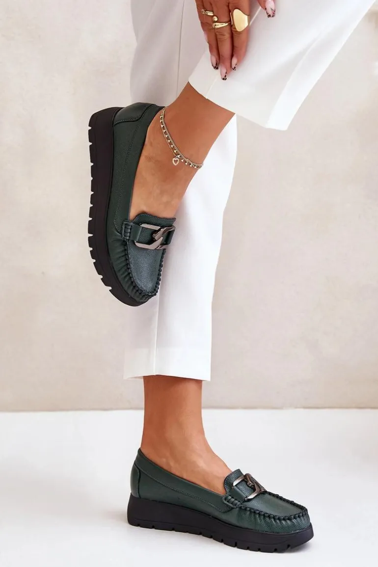 Zazoo 10141 Skórzane Mokasyny Na Platformie Z Ozdobą Ciemnozielone