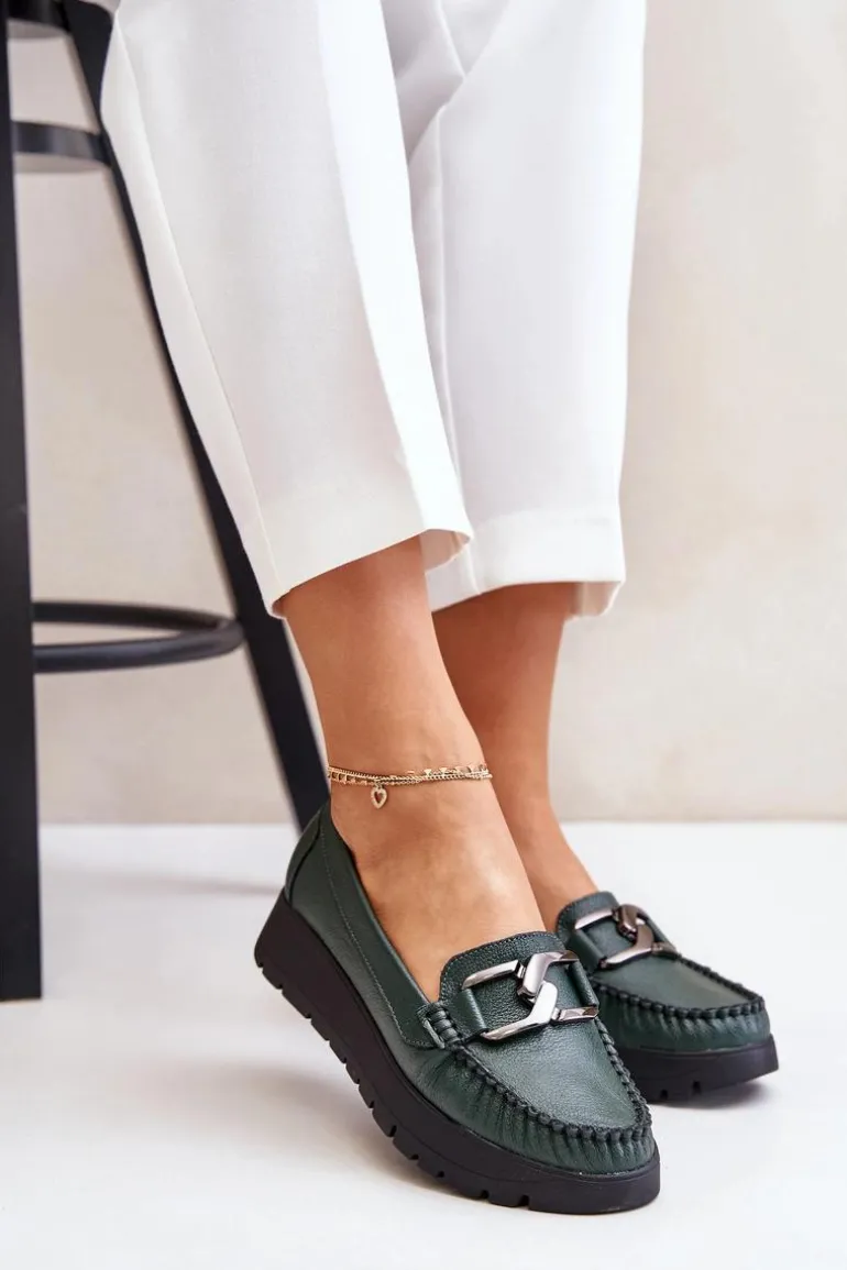 Zazoo 10141 Skórzane Mokasyny Na Platformie Z Ozdobą Ciemnozielone