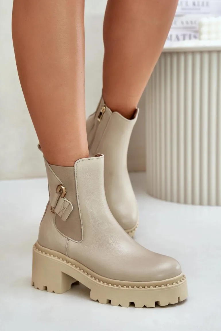 Zazoo 60490 Skórzane Ocieplane Botki Z Ozdobą Jasnobeżowe