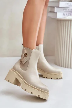 Zazoo 60490 Skórzane Ocieplane Botki Z Ozdobą Jasnobeżowe