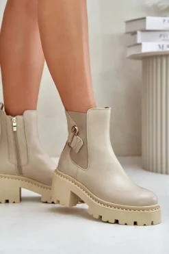 Zazoo 60490 Skórzane Ocieplane Botki Z Ozdobą Jasnobeżowe