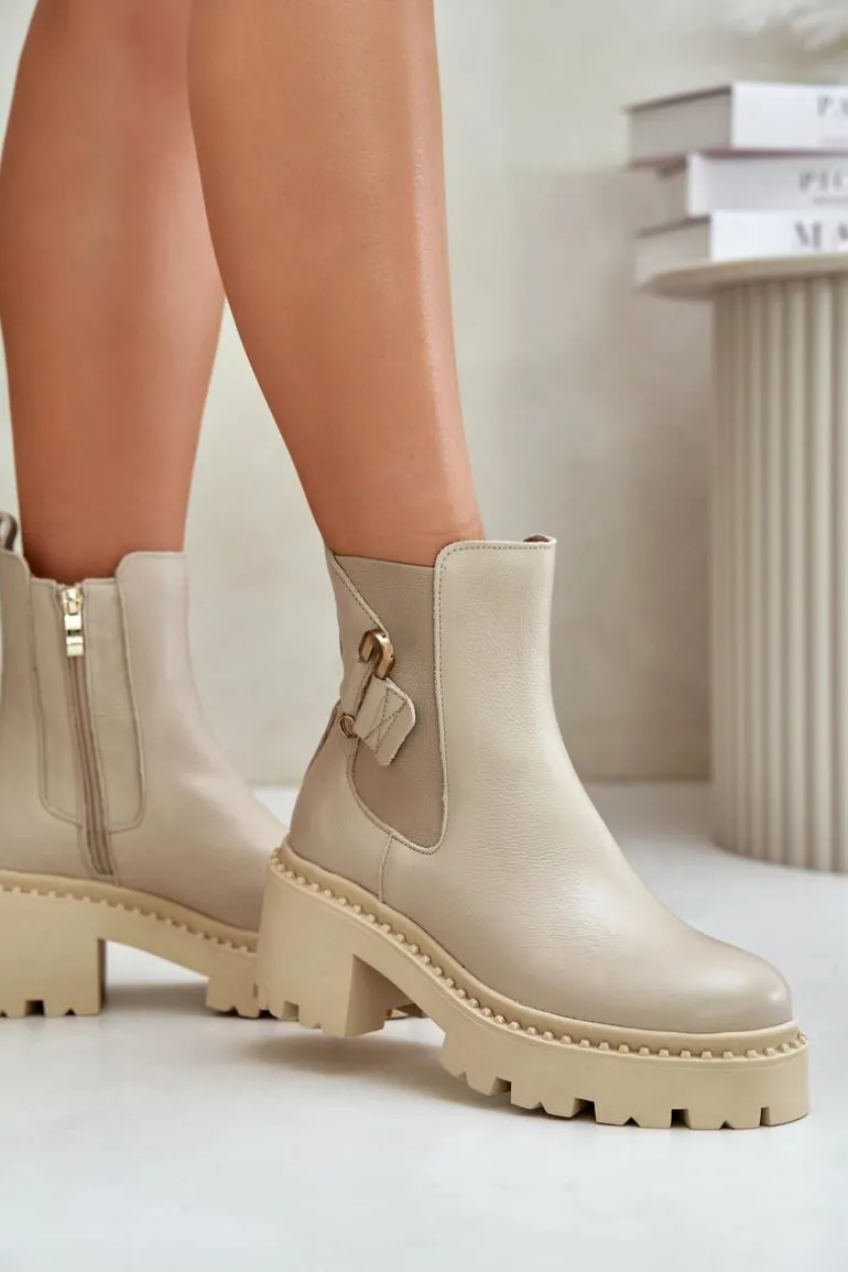 Zazoo 60490 Skórzane Ocieplane Botki Z Ozdobą Jasnobeżowe