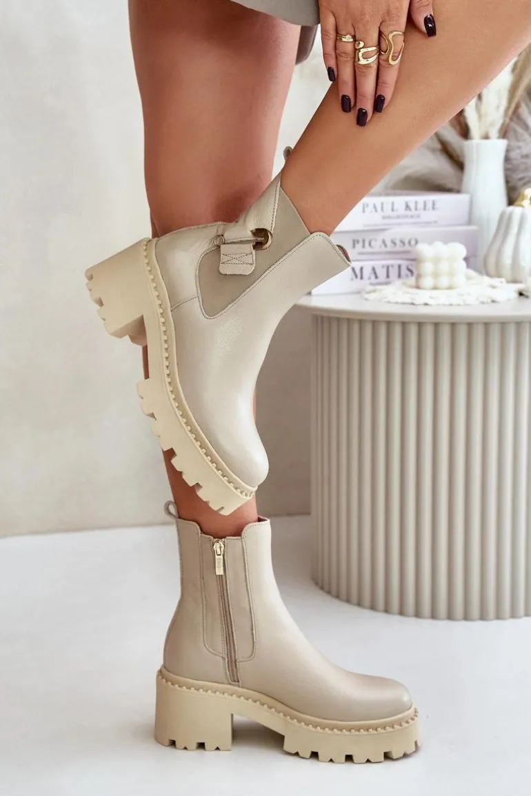 Zazoo 60490 Skórzane Ocieplane Botki Z Ozdobą Jasnobeżowe