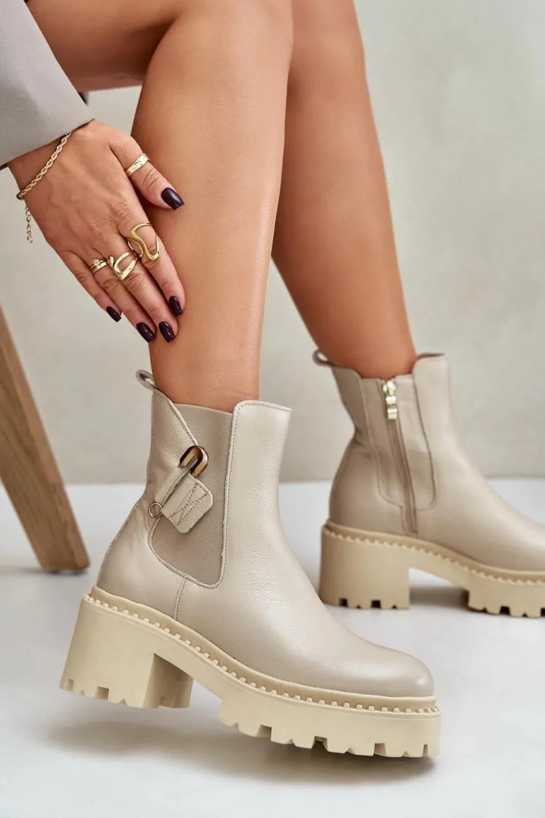 Zazoo 60490 Skórzane Ocieplane Botki Z Ozdobą Jasnobeżowe