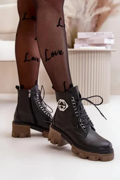 Zazoo 60376 Skórzane Ocieplane Botki Na Suwak Czarne