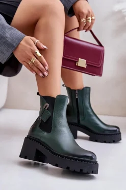 Zazoo 60490 Skórzane Ocieplane Botki Z Ozdobą Ciemnozielone