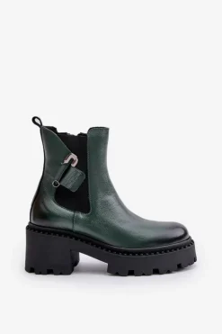 Zazoo 60490 Skórzane Ocieplane Botki Z Ozdobą Ciemnozielone