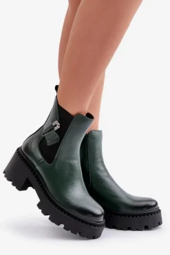 Zazoo 60490 Skórzane Ocieplane Botki Z Ozdobą Ciemnozielone