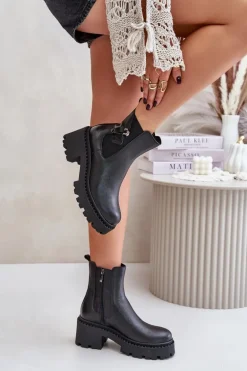 Zazoo 60490 Skórzane Ocieplane Botki Z Ozdobą Czarne