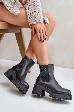 Zazoo 60490 Skórzane Ocieplane Botki Z Ozdobą Czarne