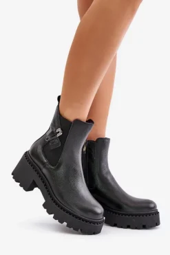 Zazoo 60490 Skórzane Ocieplane Botki Z Ozdobą Czarne