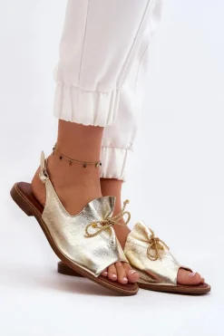 Zazoo 2898 Skórzane Płaskie Sandały Złote