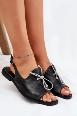 Zazoo 2898 Skórzane Płaskie Sandały Czarne