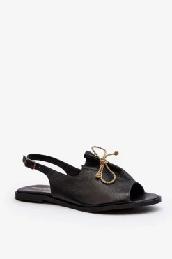 Zazoo 2898 Skórzane Płaskie Sandały Czarne