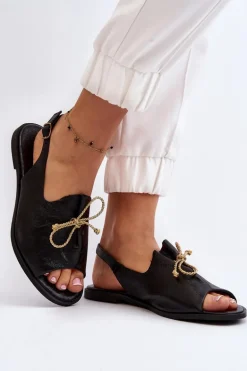 Zazoo 2898 Skórzane Płaskie Sandały Czarne