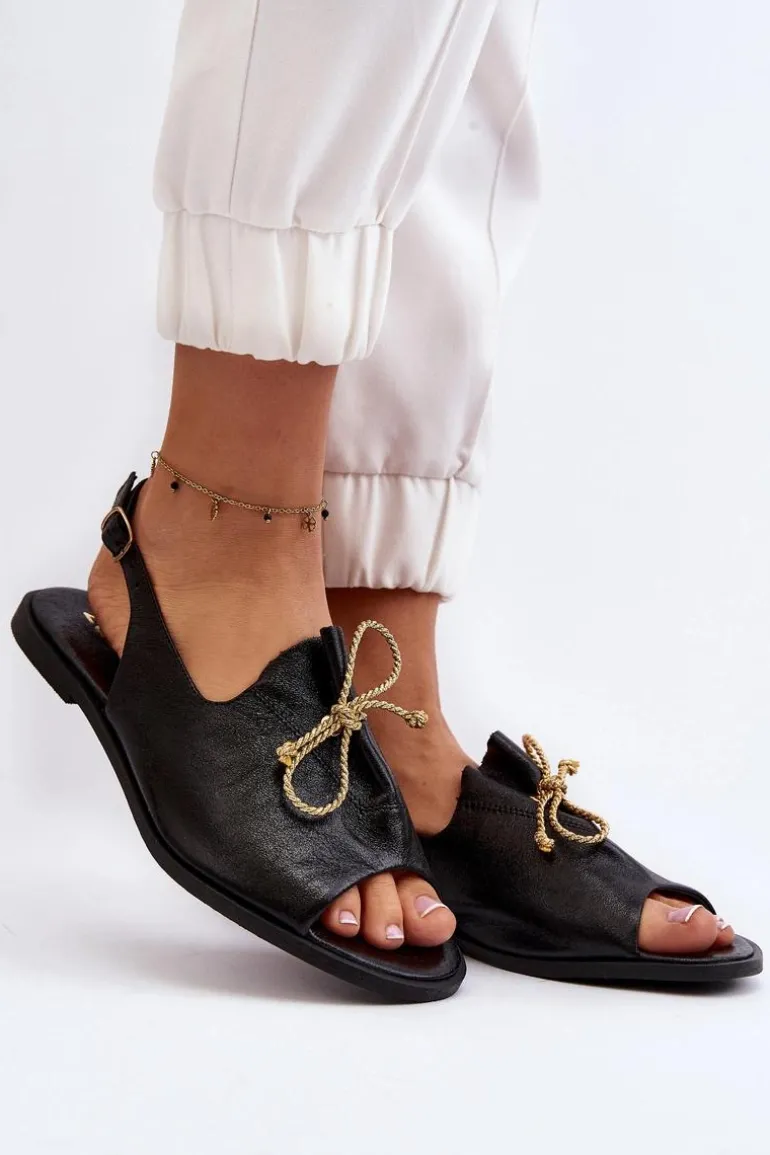 Zazoo 2898 Skórzane Płaskie Sandały Czarne