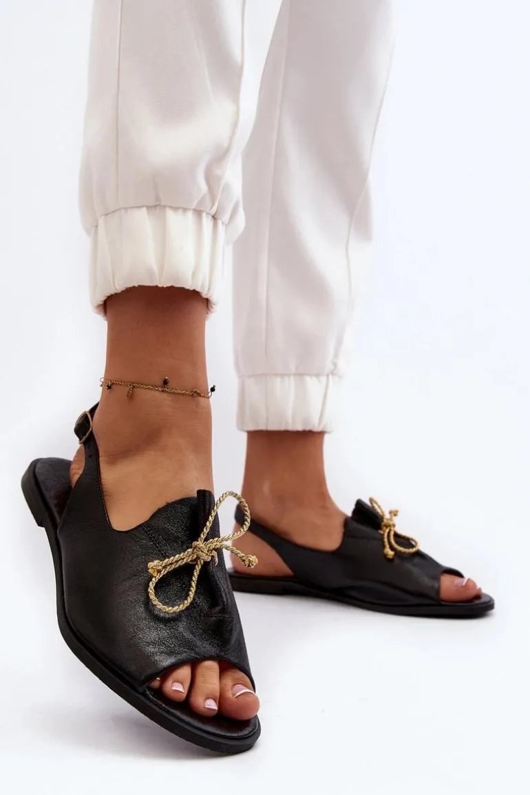 Zazoo 2898 Skórzane Płaskie Sandały Czarne