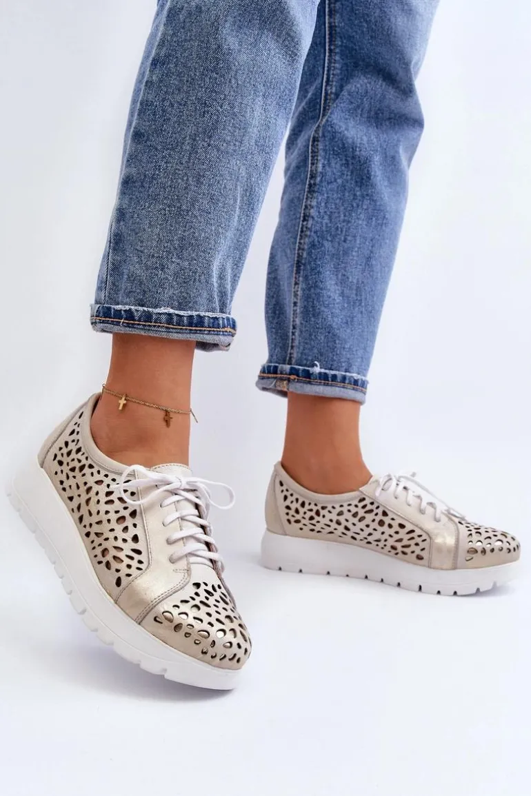 Zazoo 2821 Skórzane Półbuty Damskie Ażurowe Złote