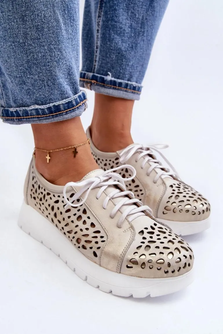 Zazoo 2821 Skórzane Półbuty Damskie Ażurowe Złote