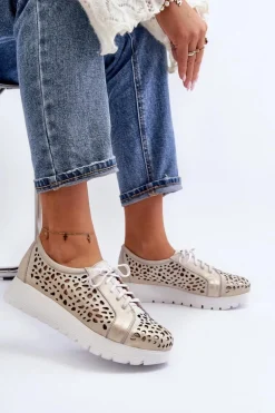 Zazoo 2821 Skórzane Półbuty Damskie Ażurowe Złote