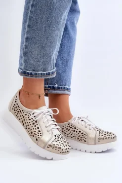 Zazoo 2821 Skórzane Półbuty Damskie Ażurowe Złote