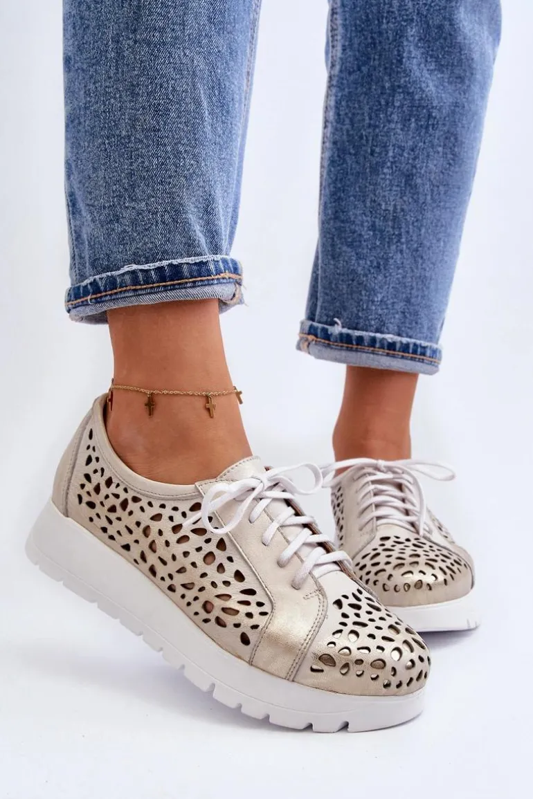 Zazoo 2821 Skórzane Półbuty Damskie Ażurowe Złote