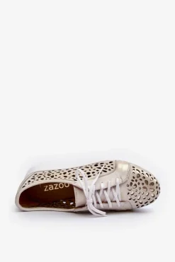 Zazoo 2821 Skórzane Półbuty Damskie Ażurowe Złote