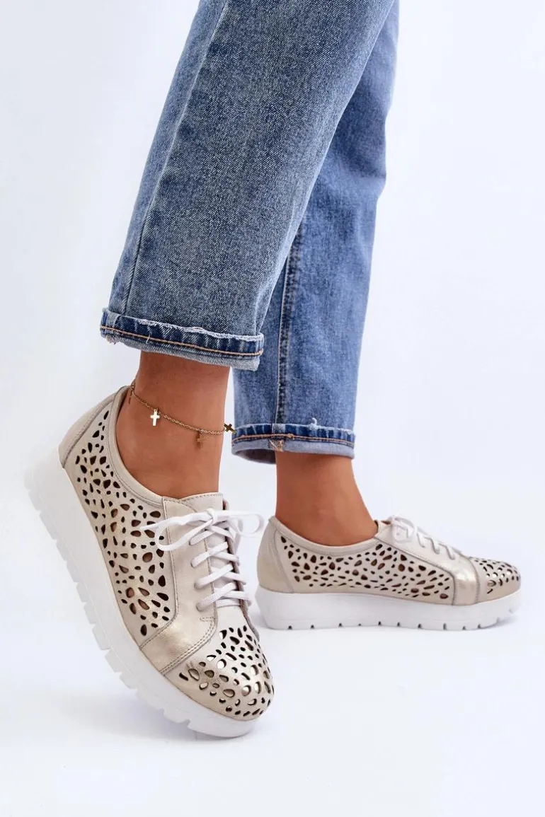 Zazoo 2821 Skórzane Półbuty Damskie Ażurowe Złote