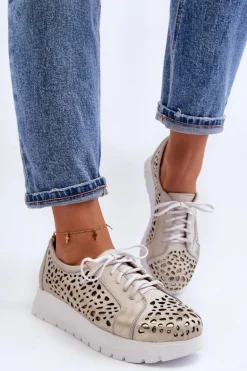 Zazoo 2821 Skórzane Półbuty Damskie Ażurowe Złote