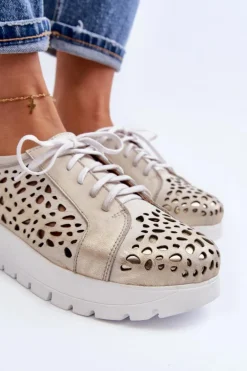 Zazoo 2821 Skórzane Półbuty Damskie Ażurowe Złote