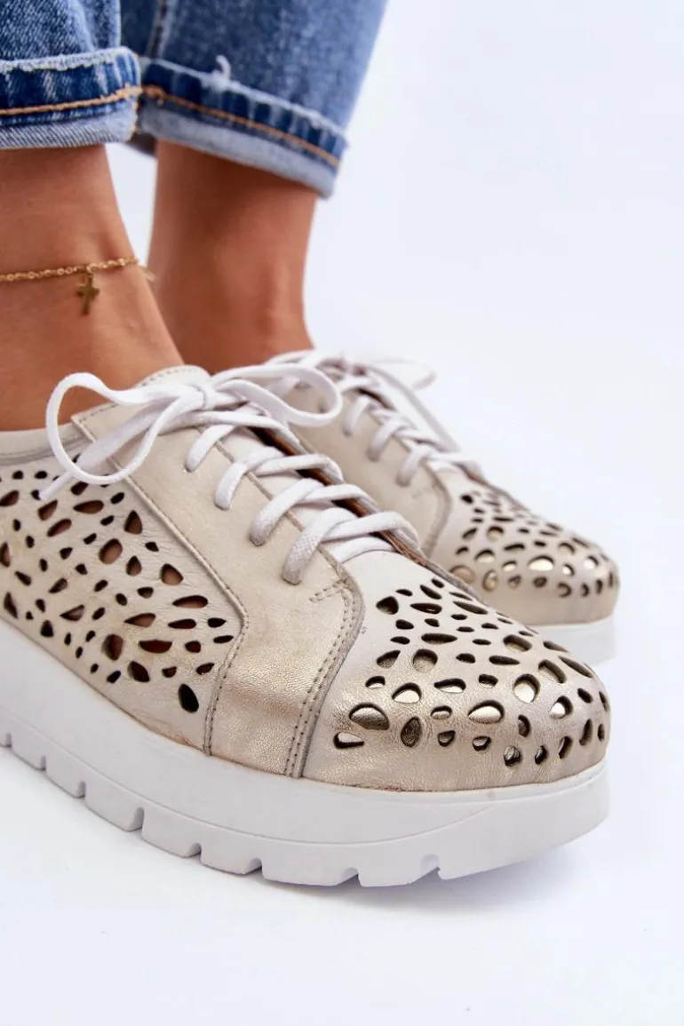 Zazoo 2821 Skórzane Półbuty Damskie Ażurowe Złote