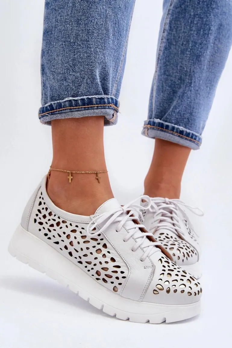 Zazoo 2821 Skórzane Półbuty Damskie Ażurowe Jasnoszare