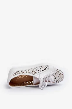 Zazoo 2821 Skórzane Półbuty Damskie Ażurowe Jasnoszare