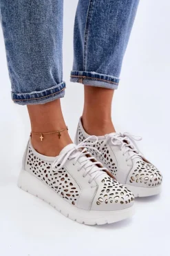 Zazoo 2821 Skórzane Półbuty Damskie Ażurowe Jasnoszare