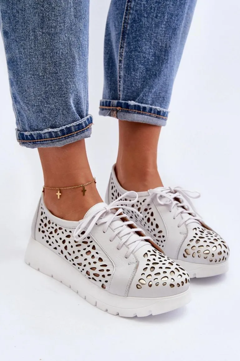 Zazoo 2821 Skórzane Półbuty Damskie Ażurowe Jasnoszare