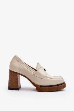 Zazoo 20169 Skórzane Półbuty Na Obcasie Beżowe