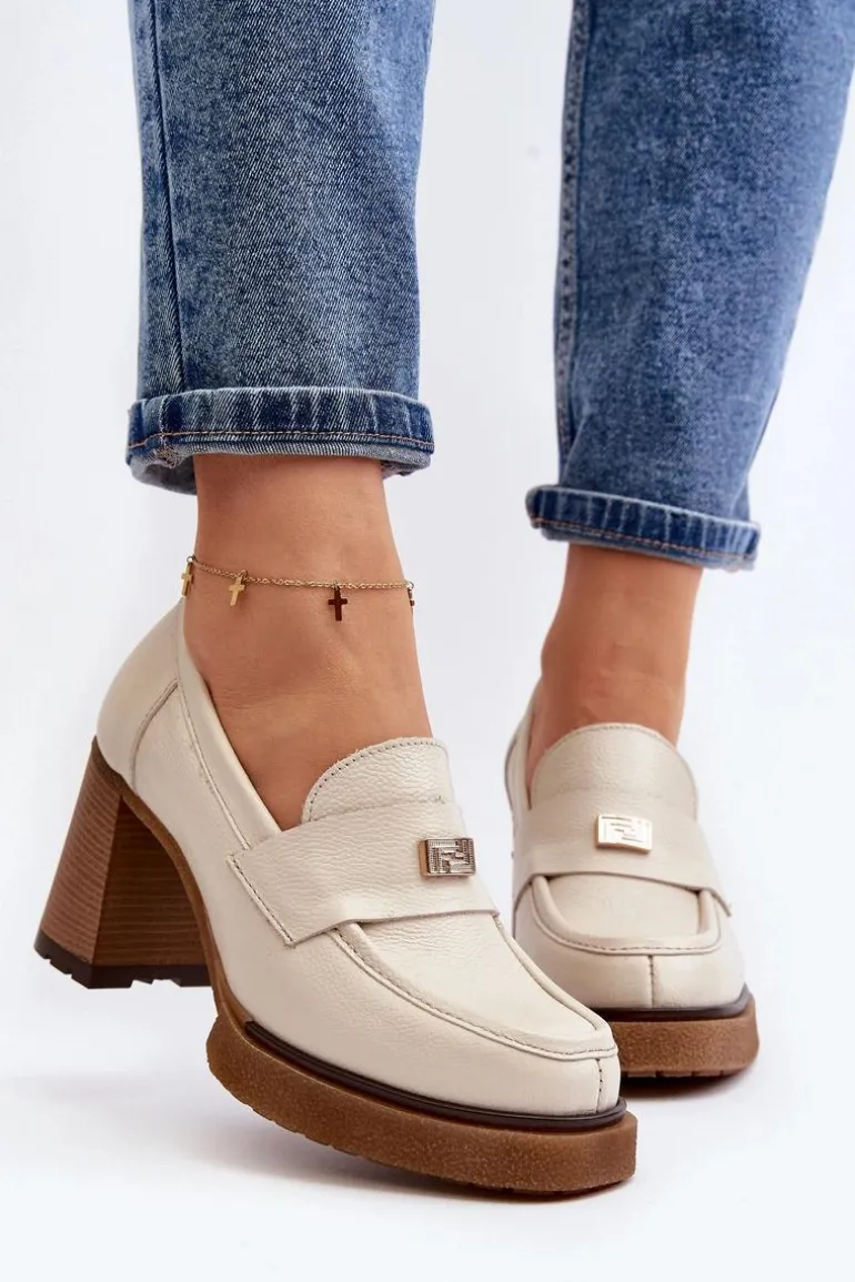 Zazoo 20169 Skórzane Półbuty Na Obcasie Beżowe