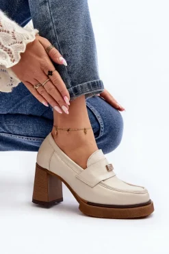 Zazoo 20169 Skórzane Półbuty Na Obcasie Beżowe
