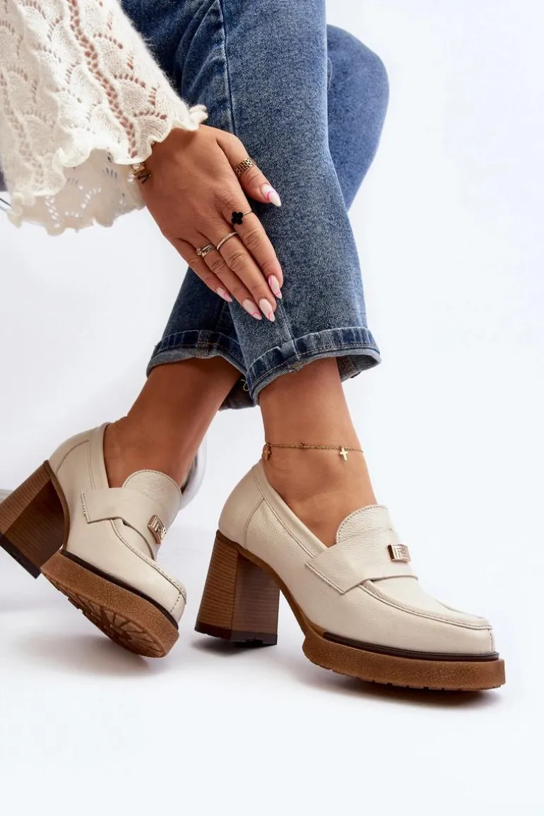 Zazoo 20169 Skórzane Półbuty Na Obcasie Beżowe