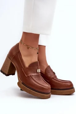 Zazoo 20169 Skórzane Półbuty Na Obcasie Brązowe