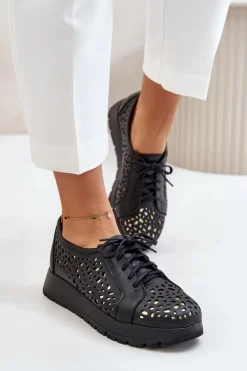 Zazoo 2973 Skórzane Półbuty Na Platformie Z Ażurowym Wzorem Czarne